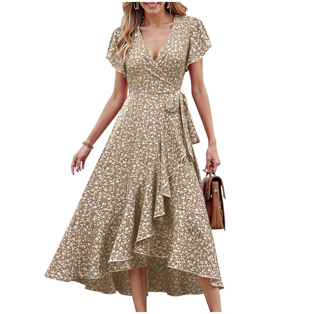 Fashion Women's Floral Print Wrap Midi Dress V-Neck Ruffle Sleeve High Split Summer Sundress