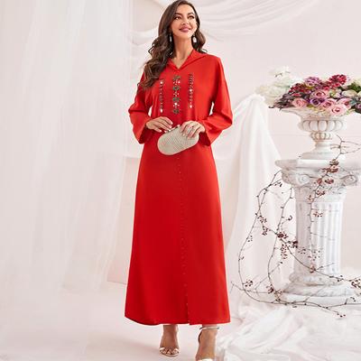 Rochie de damă cu glugă roșie portocalie cu stras, rochie musulmană