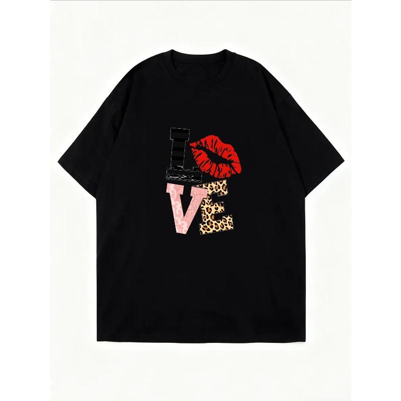 Love Graphic Print White T Shirt With Lip And Leopard Pattern For Casual Wear