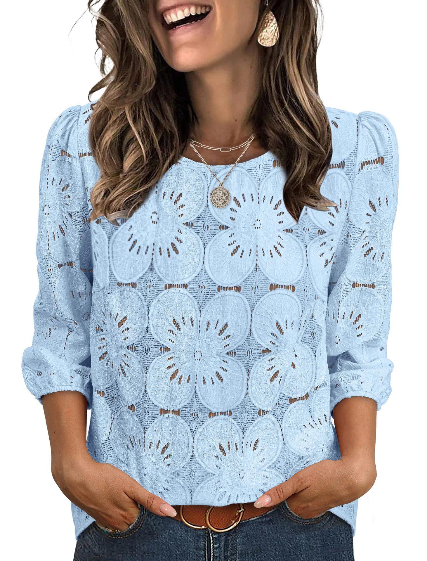 Women s Puff Sleeve Top Hollow Out Floral Lace Design Casual Blouse Multi Colors S синий