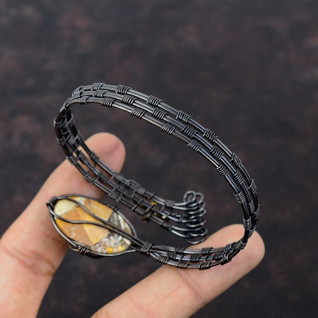 Brecciated Mookaite Gemstone Bangle Copper Wire Wrapped Cuff Bracelet Handmade Jewelry Adjustable Cuff Copper Wire Jewelry Gift For Friend