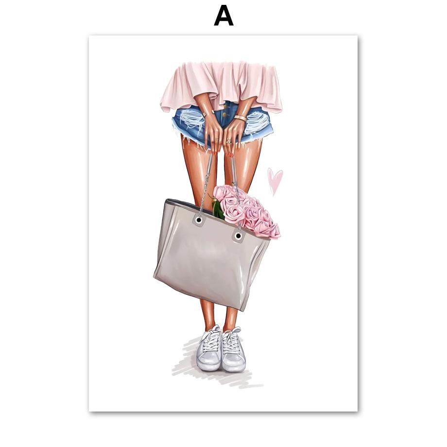 

Paris Perfume Girl Handbag Heels FlowerCanvas Painting Art, Nordic Posters and Prints, Wall Pictures, Living Room Decor, Fashion 21X30cm No Frame