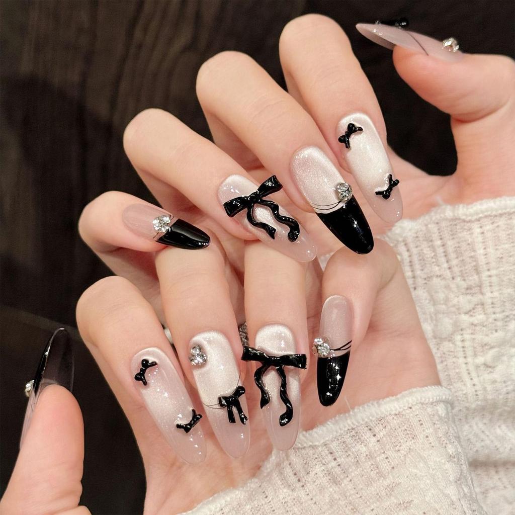 10pcs Handmade Press on Nails French Cat Eye Pink Bow Decor Korean False Nails Wearable Full Cover Ins Almond False Nail Tips