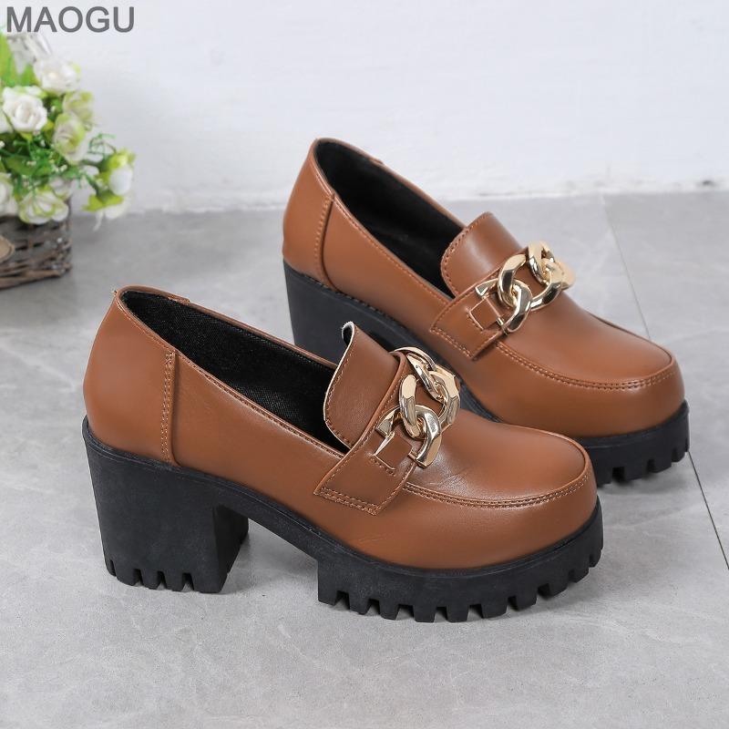 2026 New Autumn Chain Decor High Heels Loafers Women's Thick Heel British Style Low Top Pumps Slip on Anti-slip Shoes for Women