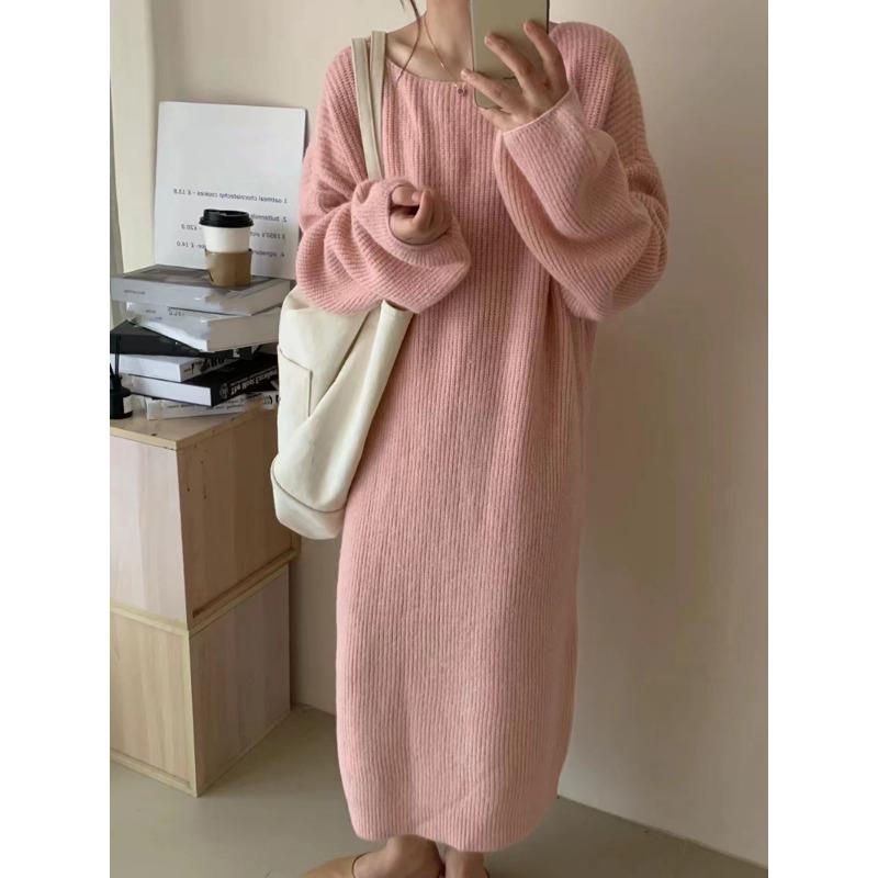 One-word shoulder thin medium and long sweater skirt women's autumn and winter new loose inner knitted dress women