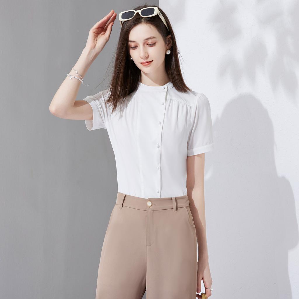 Simple and Versatile Design, Pleated Stand Up Collar Shirt for Women's Summer Style, Intellectual and Slimming Top
