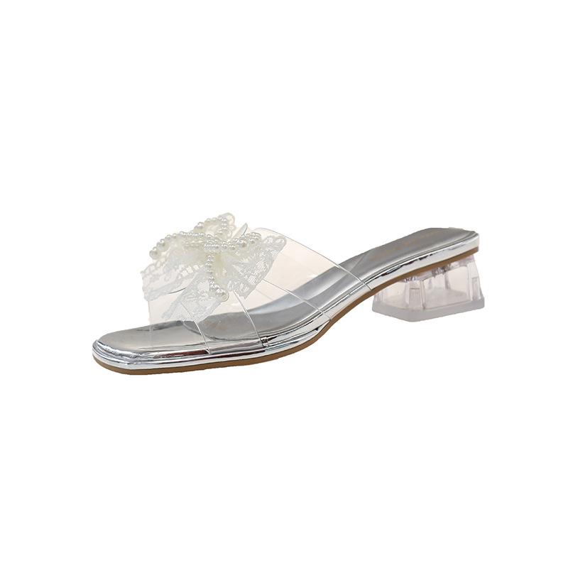 Fashion Transparent Rhinestone Slippers Summer Outside Wear Fashion Shoes for Women Crystal Middle-heeled Bowknot Ladies Slides Shoes