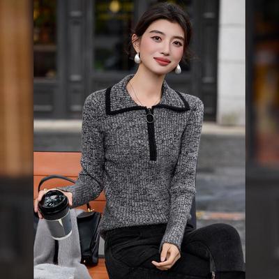 Bailuyu Women's Retro Contrast Zipper Lapel Knit Sweater