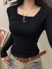 Women's Coffee V-Neck Long-Sleeve Slim Fit Top with Velvet Layer