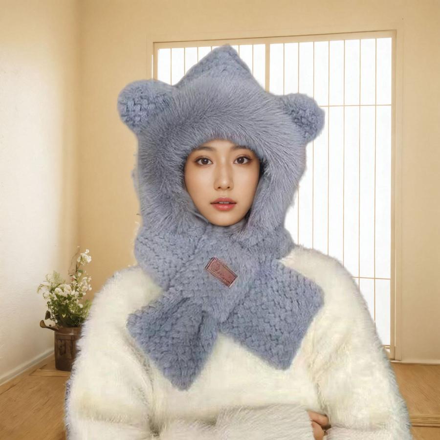 Cute Shiba Inu Long Ear Plush Winter Hat Scarf Set for Girls, Warm Two-Piece Cartoon Outfit