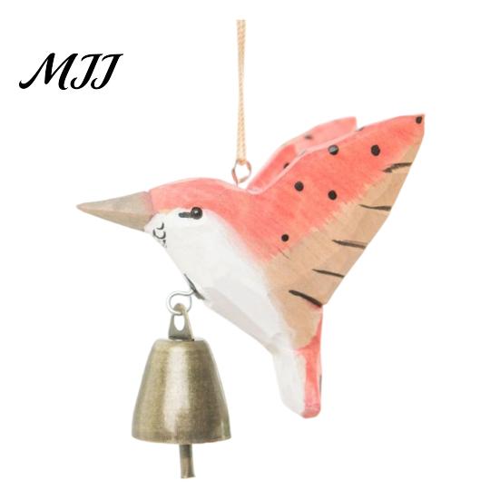 Eco Friendly Hanging Ornament Hand Carved Wooden Bird Wind Chime, Rustic Bell Decor Handmade Hummingbird Chimes with Rope, Wood Pendant for
