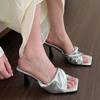 Fashion Summer New Slippers Women Fashion Square Head Open Toe Fold Temperament Anti-slip Wear-resistant Stiletto Heels