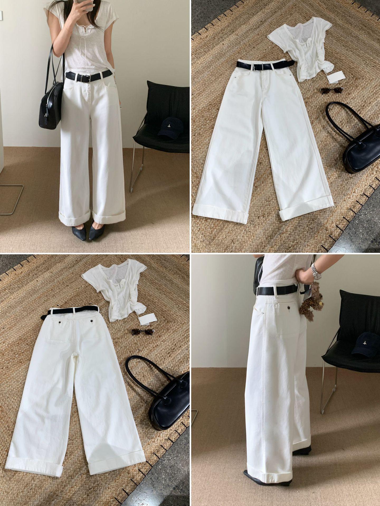 Spring 2026 European-Inspired Korean Style Cuffed Straight-Leg Jeans with Belt 30 грязно-белый