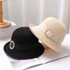 WTEMPO Spring Summer Solid Color Casual Versatile Breathable Kniited Hats Women's Wide Brim Retro Elegant Metal Buckle Perals Sun Hats