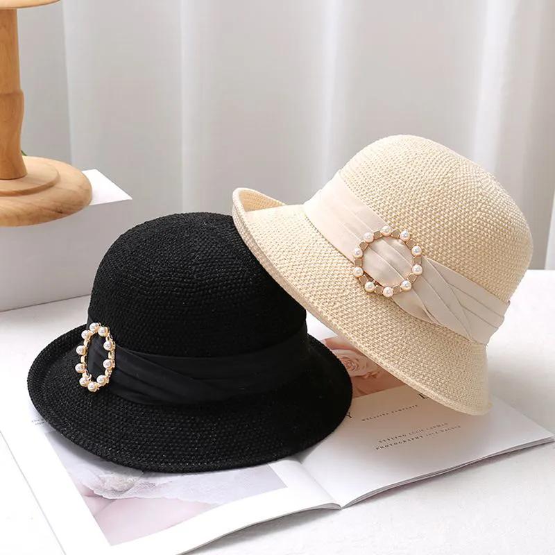 WTEMPO Spring Summer Solid Color Casual Versatile Breathable Kniited Hats Women's Wide Brim Retro Elegant Metal Buckle Perals Sun Hats