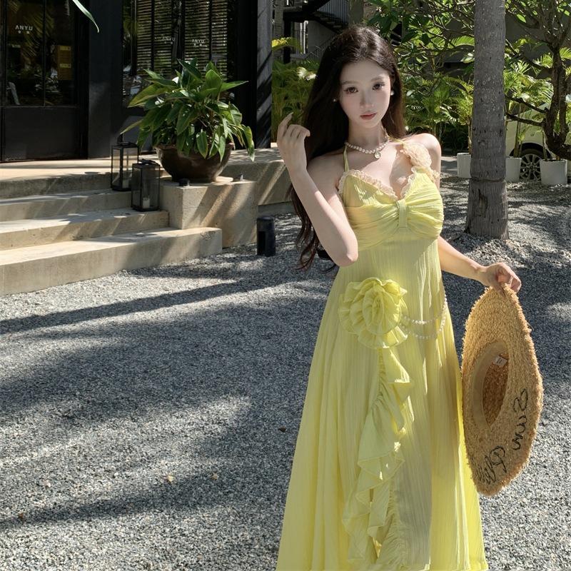 Three-dimensional Flower Ruffle Leaf Edge Neck Dress Women's Summer New Fashion Waist Halter Dress