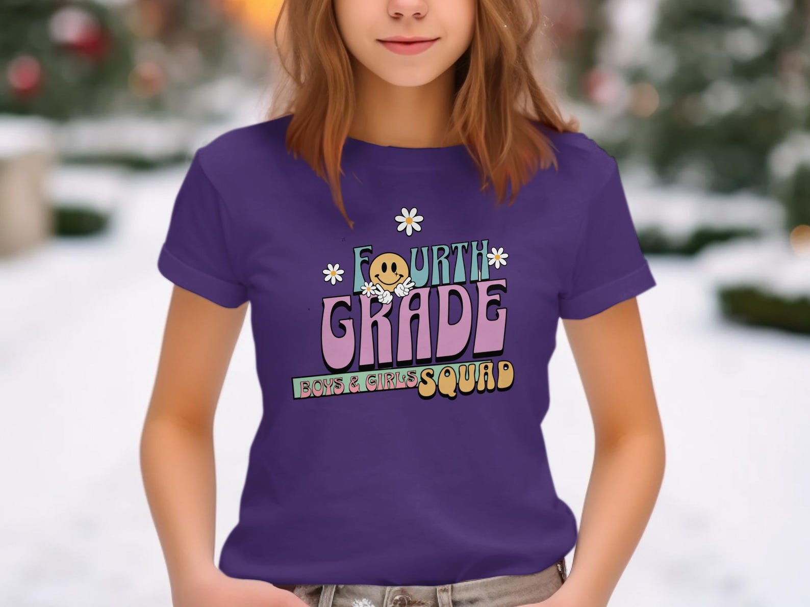 Groovy Fourth Grade Squad T-Shirt, Retro Smiley Daisy Back to School Tee 3XL