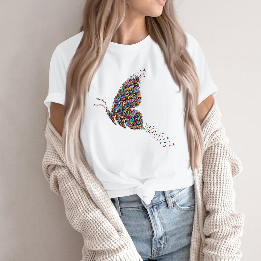 Women's Fashion Casual Printed Round Neck Short Sleeved Pullover T-Shirt Top