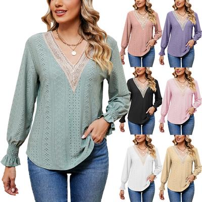 2024 Europäisch Und Amerikanisch Herbst Und Winter Neu V-Ausschnitt Gespleißt Langärmlig Locker Lässig T-Shirt Top Für Damen