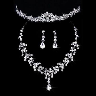 Crystal Stones Silver Color Rhinestone Bridal Wedding Sets Necklace Earrings Tiara Jewelry Set for Women Gift
