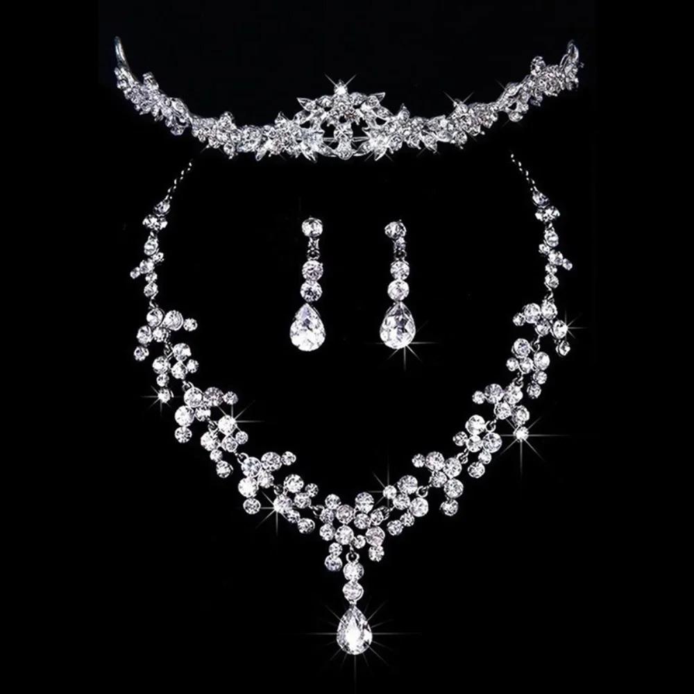 Crystal Stones Silver Color Rhinestone Bridal Wedding Sets Necklace Earrings Tiara Jewelry Set for Women Gift