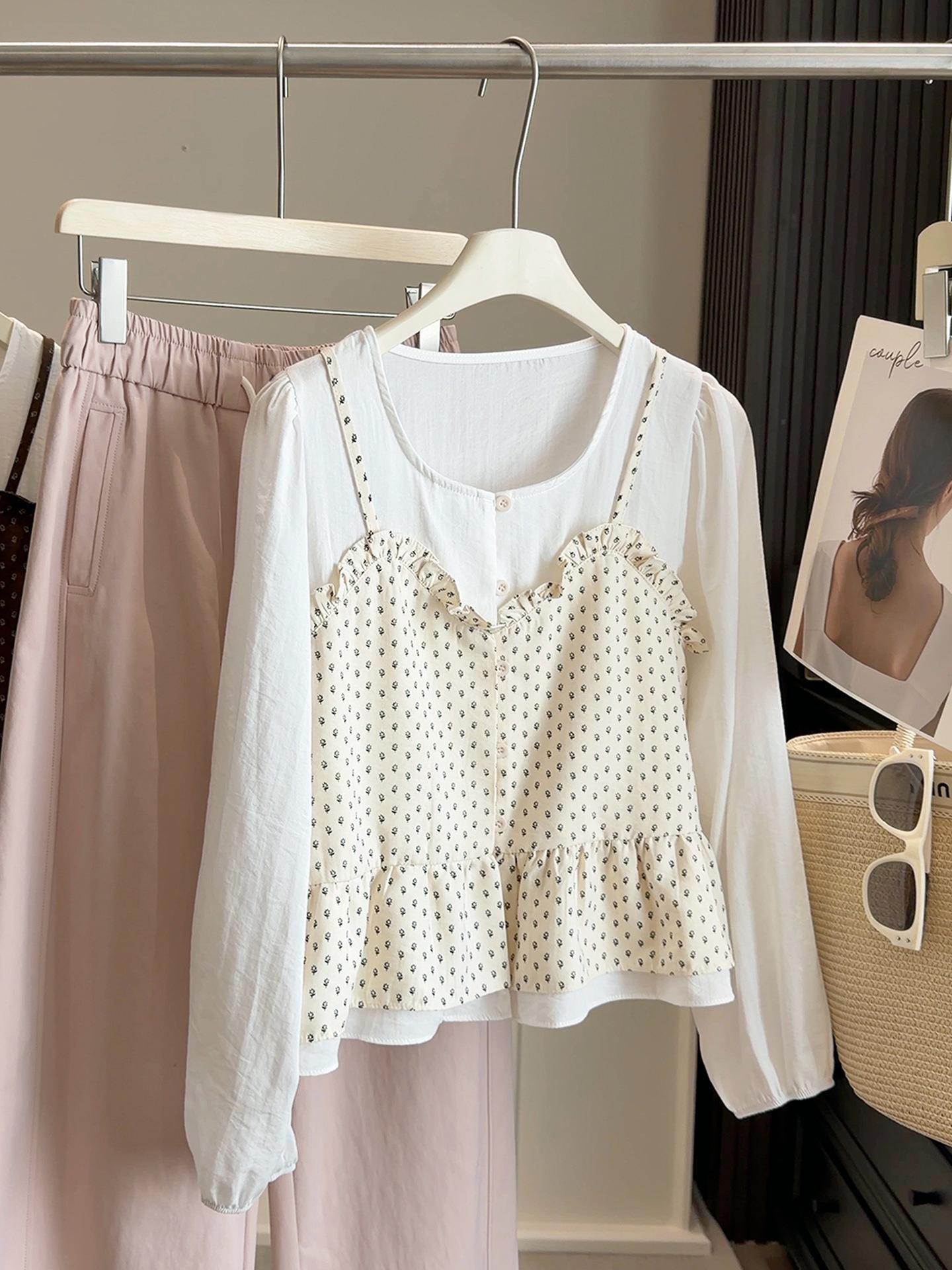 Women s Spring Floral Patchwork Camisole Shirt, New Arrival 2026 Korean Style - Petite, Loose, Slimming Doll Design. One Size абрикосовый/цветочный