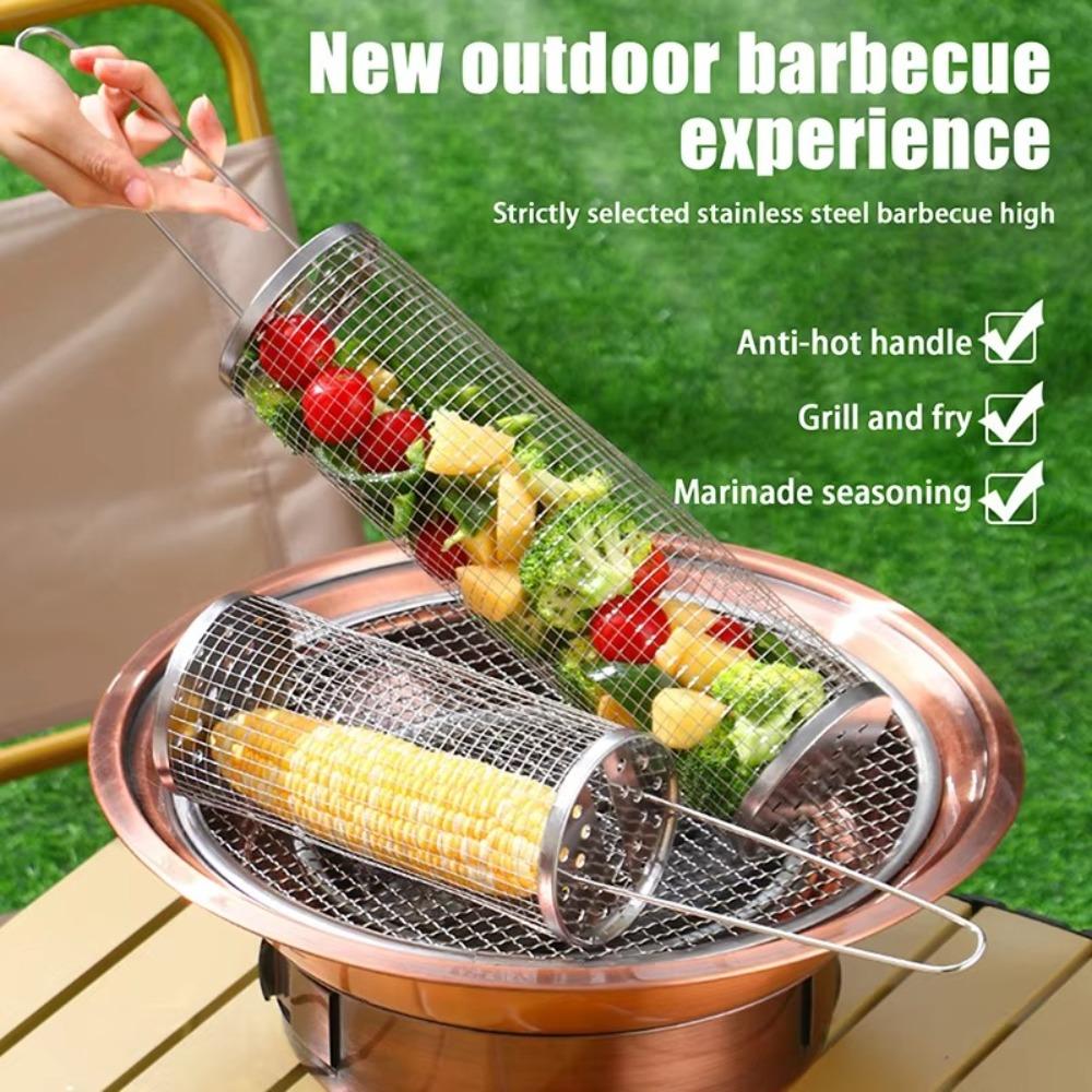 Stainless Steel Barbecue Cage Cookware Rolling Grilling Basket Portable Grill Basket  Camping