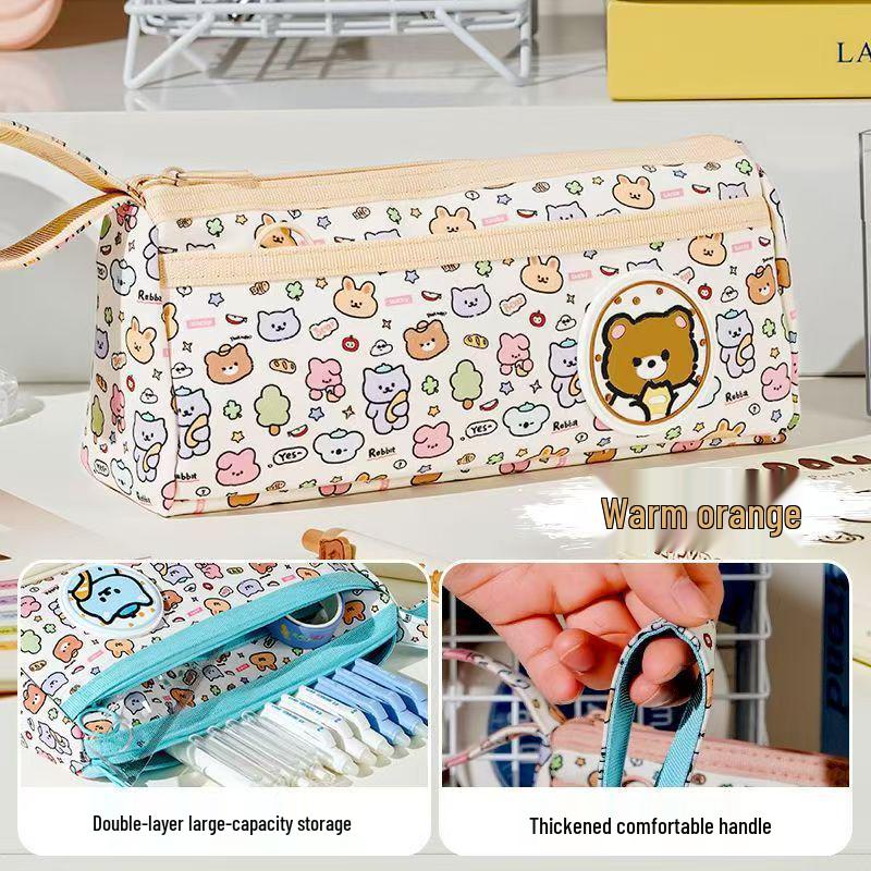 Double-Layer Cartoon Pencil Case for Kids - Cute, Large Capacity Canvas Stationery Bag