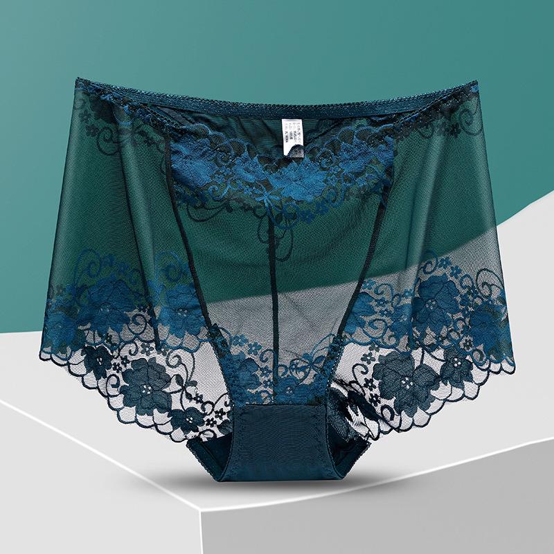 Plus Size Lady Summer Sexy Lace Hollow Out Perspective High Waist Triangle Briefs