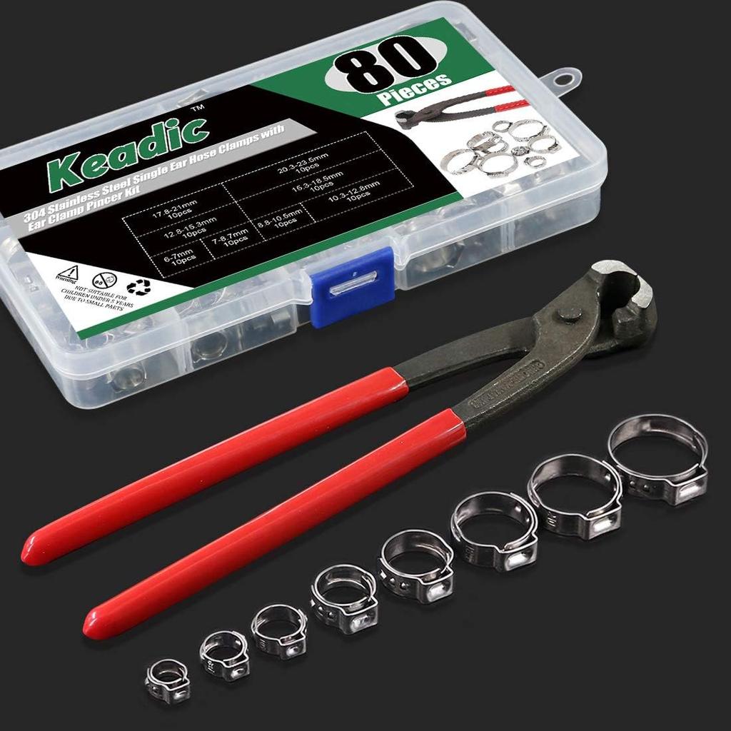 Keadic 80Pcs Single Ear Hose Clamps,1/4"-15/16" Stepless Ear Clamps with Ear Clamp Pincer 304 Stainless Steel Ear Clamps Cinch Clamp Rings Crimp Hose