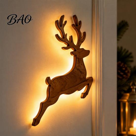 Damage Free Wall Decor Christmas Reindeer Light, Wooden LED Silhouette with Warm Backlight, Seasonal Entryway Accent Battery Operated Lighted Festive