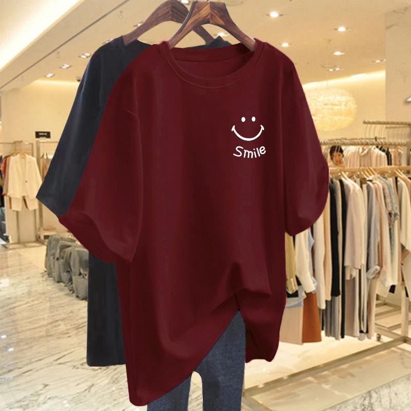 

Red cotton loose long smiley face niche short-sleeved T-shirt women s 2025 spring and summer new European goods large version top ins S