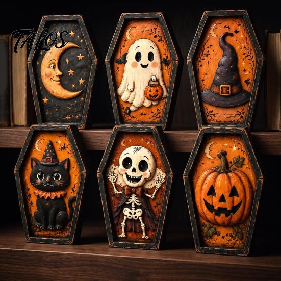 Spooky Fireplace Accents Vintage Halloween Wooden Table Decoration, Rustic Black Cat Ghost Skeleton Pumpkin Decorations Desktop Block Sign for