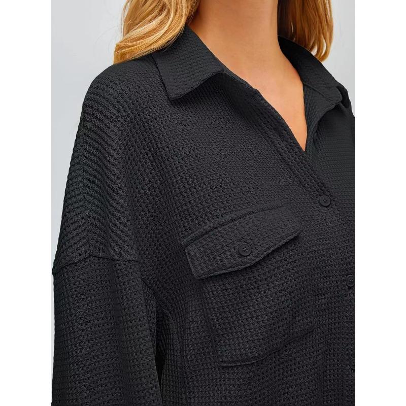 Women's Pocket Shirt Solid Color Casual Oversized Long Sleeve Waffle Weave Top
