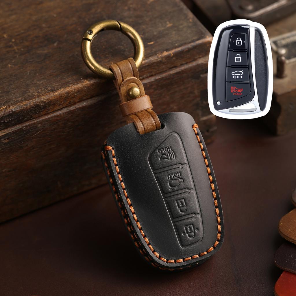 Genuine Leather Auto Key Fob Cover Case Fit For Hyundai Santa Fe Sport Equus Centennial Genesis G80 Grandeur Azera 2013 2014 Ix45