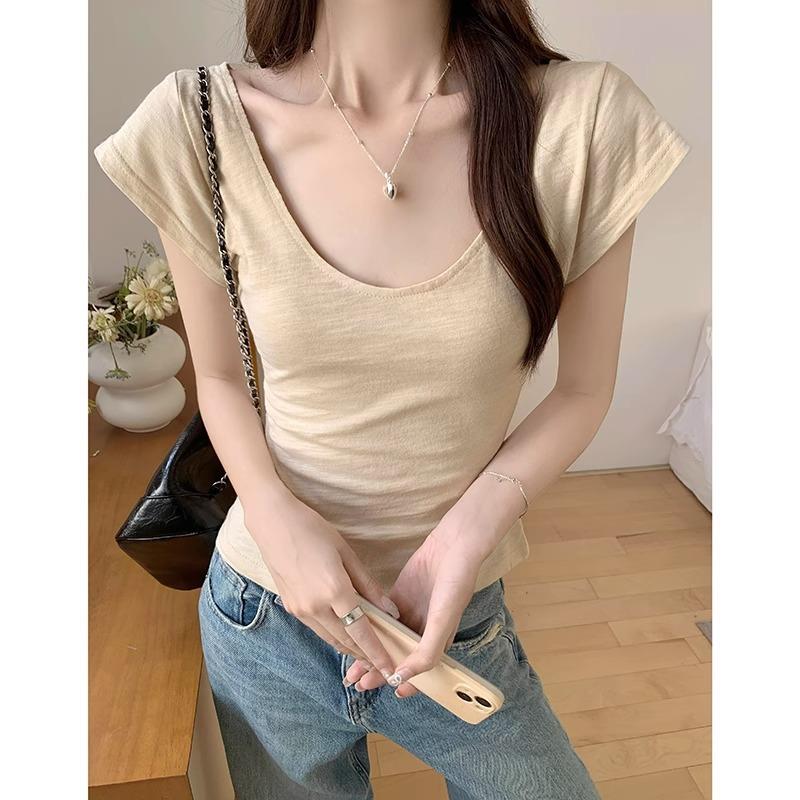 Blue big neckline revealing collarbone sexy short-sleeved bamboo cotton slightly transparent thin T-shirt women's small flying sleeves slim top summer