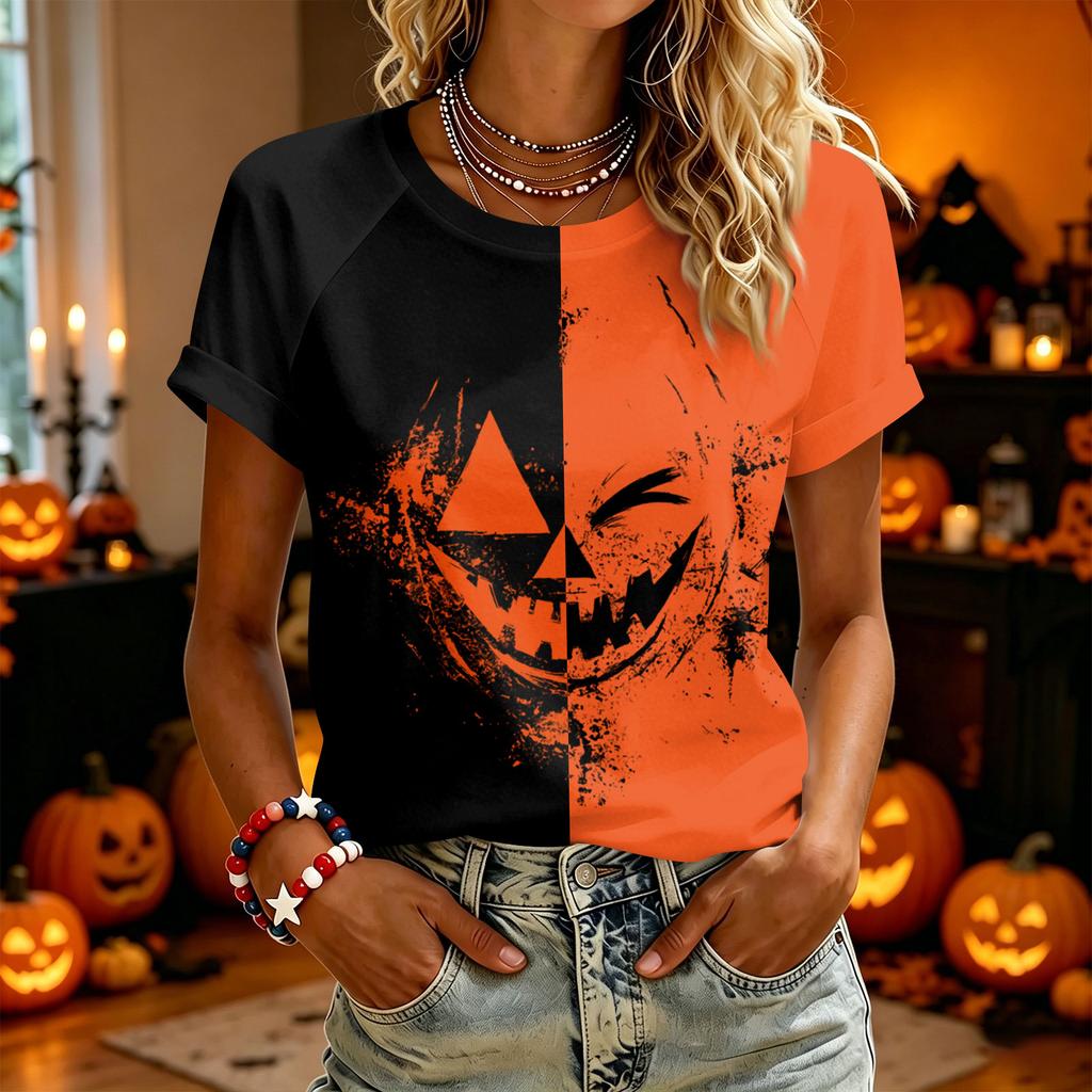 Women's Casual Halloween Graphic Short Sleeve T-Shirt Split Design Comfortable Fit Lightweight Top