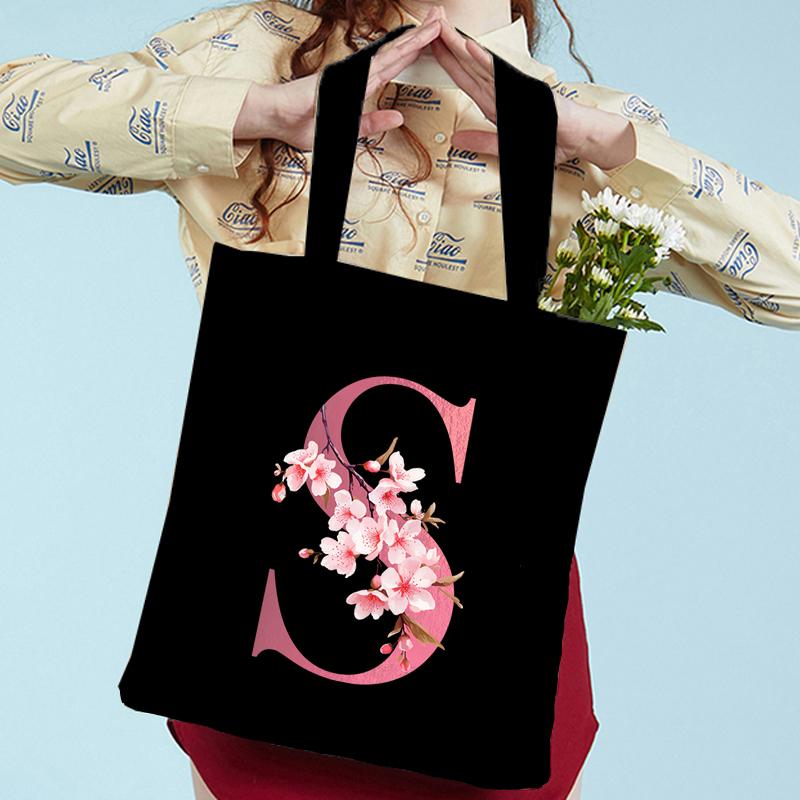 Pink Sakura Handbags Women Eco Reusable Tote Bag Cherry Blossom College Canvas Bag Vintage Sakura Alphabet Ladies Shoulder Bag
