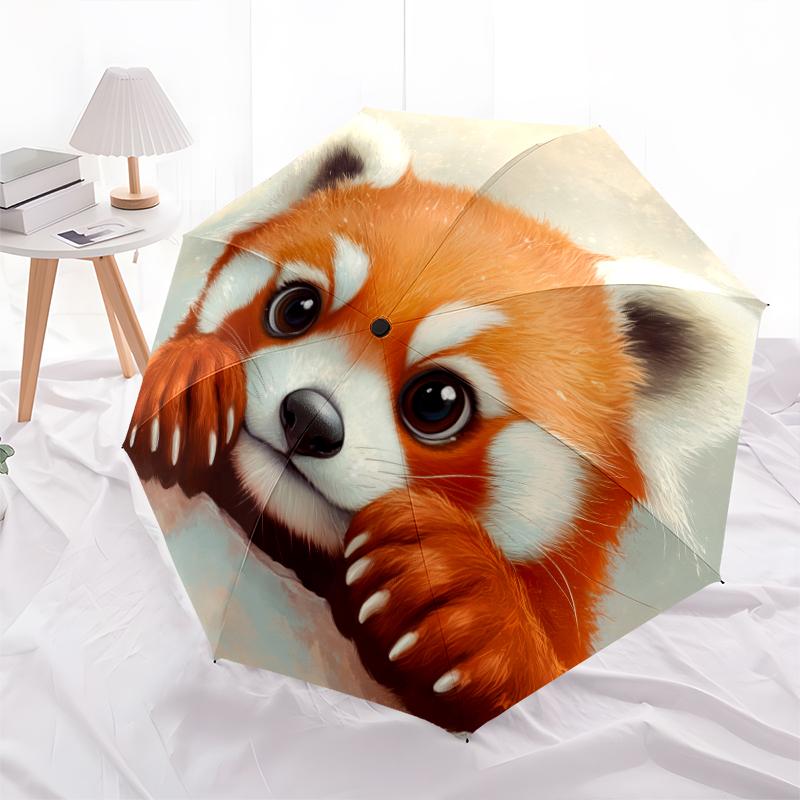 Fantasia Panda Rosso, ombrello pieghevole automatico, design portatile e pieghevole, 8 stecche, un regalo di Natale o di compleanno.