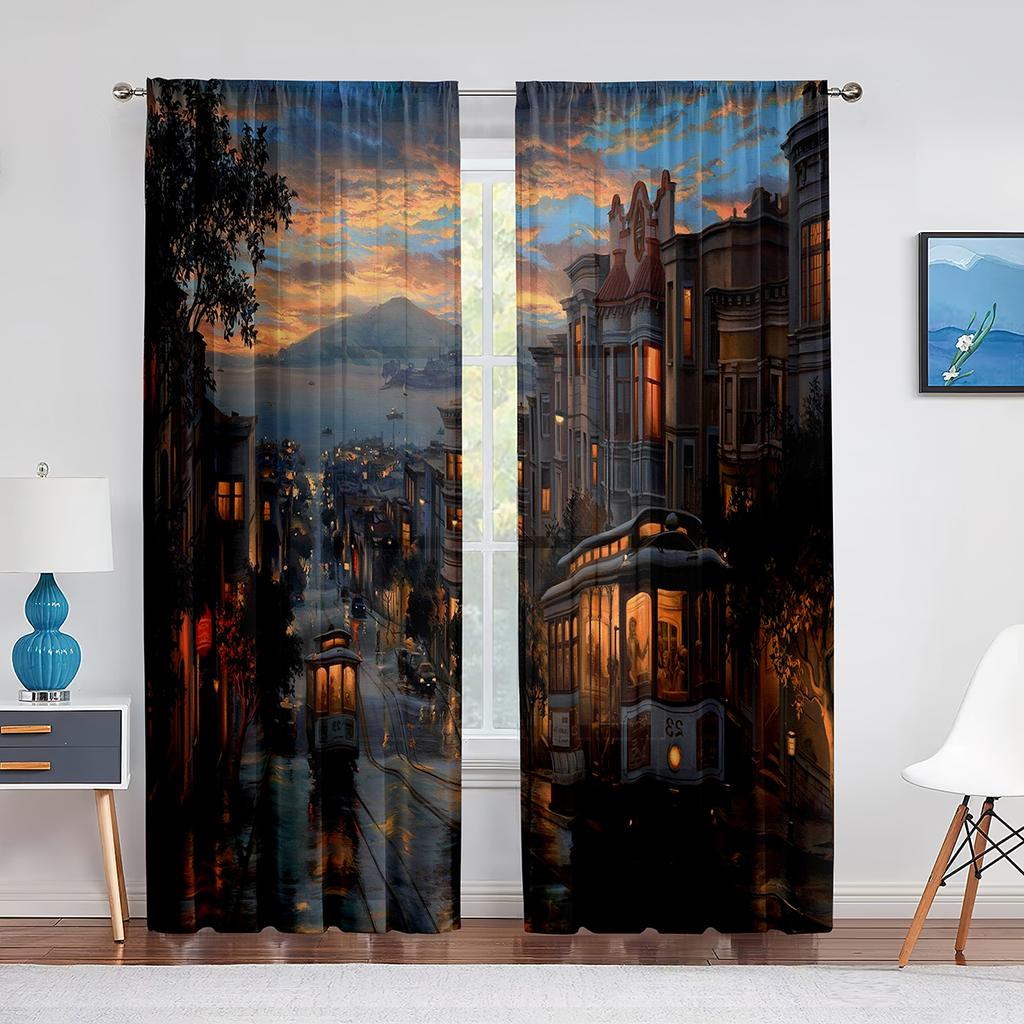 Perdele din șifon cu peisaj fantezic, perdele din tul pentru casă lângă munte și râu, pentru decorarea casei de living