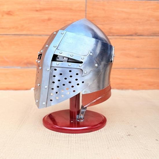 Medieval 18 Gauge Steel Barbuta Bascinet Helmet with Stand Knight Armor, Cosplay Best Gift Halloween
