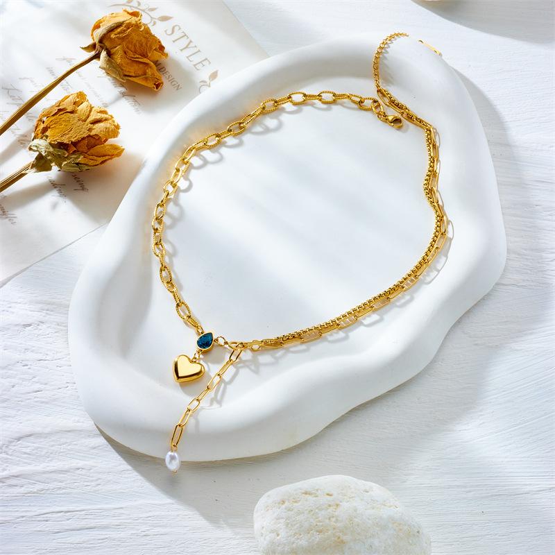 Stainless Steel Heart Pendant Necklace for Women Girl Crystal Pearl Choker Chain Jewelry Gift