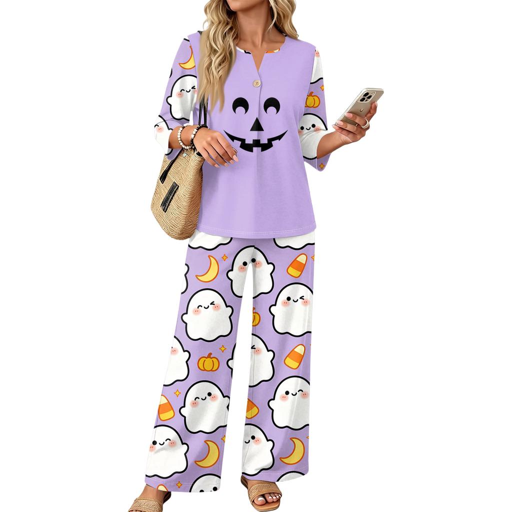 Women's Casual Halloween Print 3/4 Sleeve Button Top and Wide Leg Pants 2-Piece Set