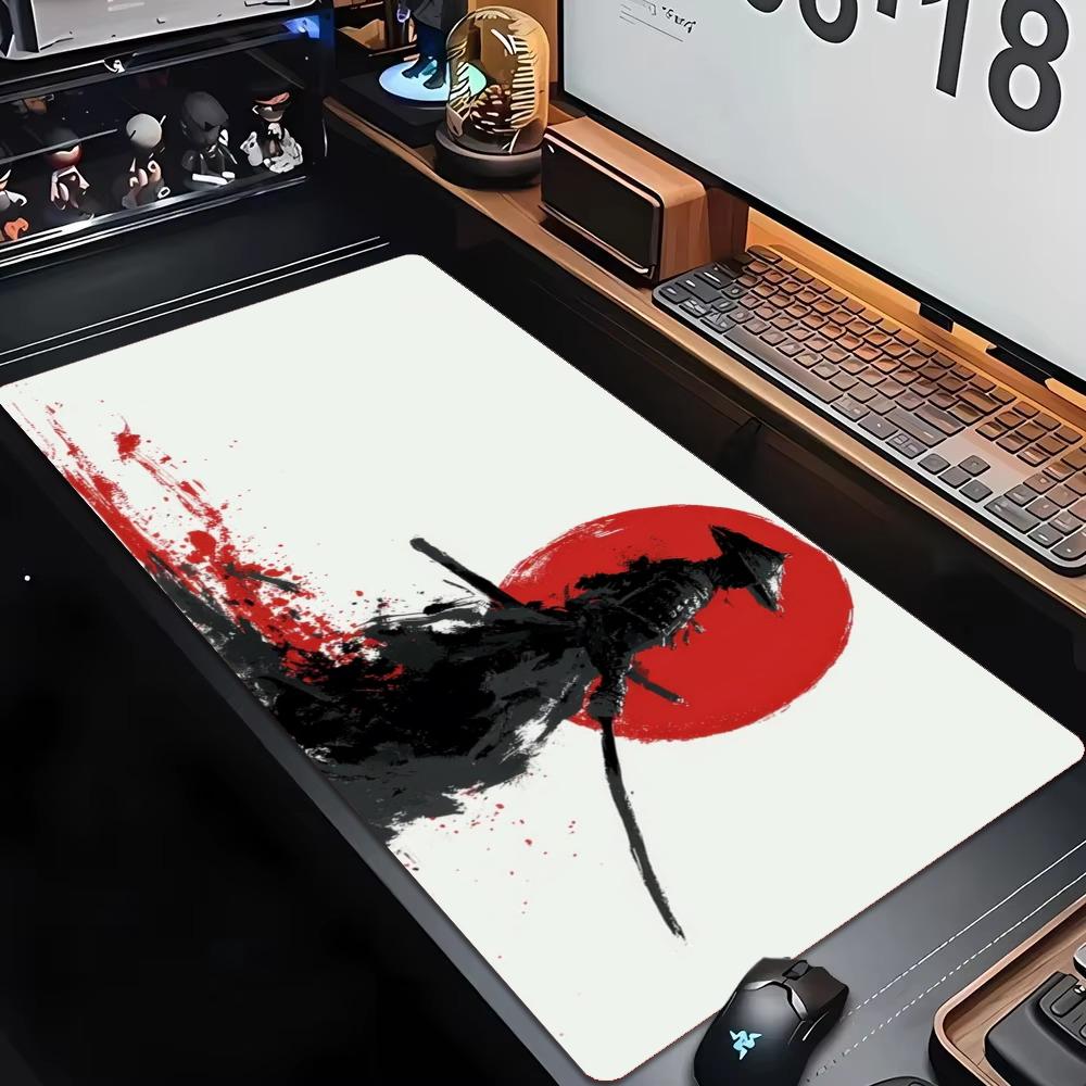 Large XXL Game Mousepad Ink Style Japanese Samurai Katana Grim Reaper Skeleton Moon Deskmat Non-Slip Rubber Keyboard Mouse Mats