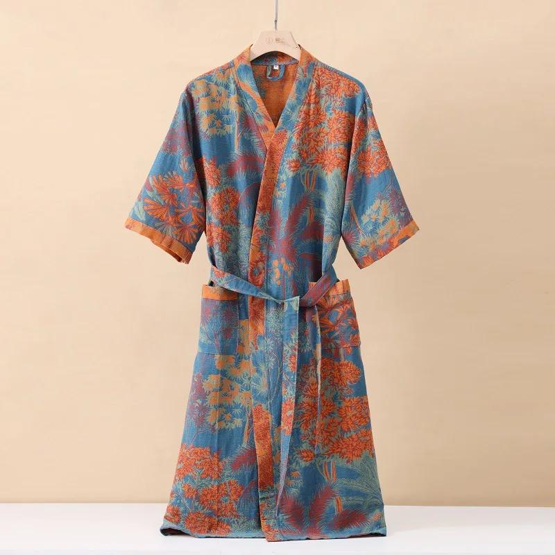 Cotton Fashionable Printed Half Sleeve Kimono Bathrobe for Spring and Summer Thin Home Wear Absorbent Quick Drying Sleeping Robe