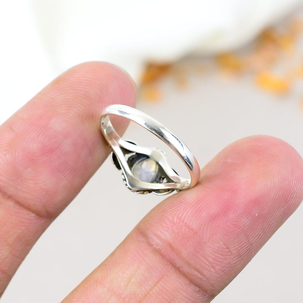 Rainbow Moonstone 925 Sterling Silver Pear Gemstone Boho Style Handmade Ring For Women