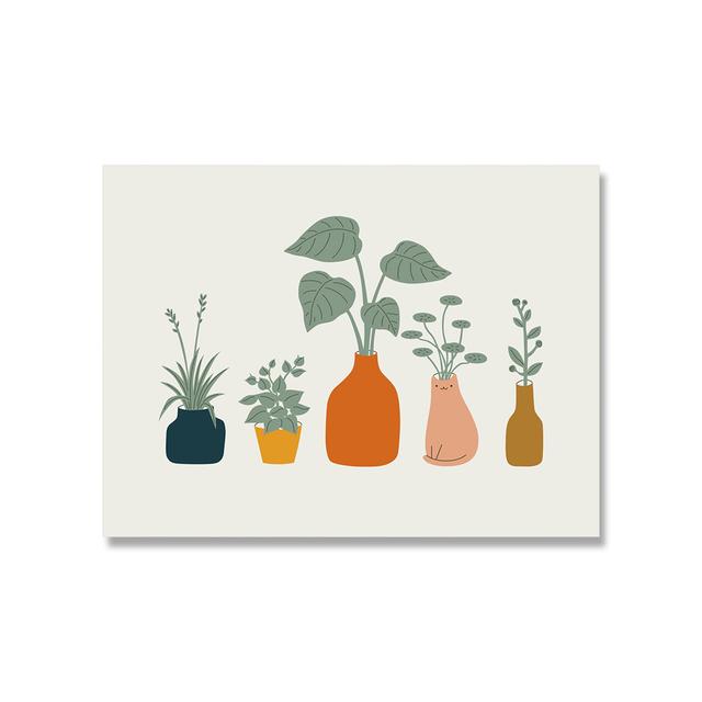 Nordic Animal Posters and Printed Canvas Paintings, Cat and Green Plant Walls, Art Plant Pictures, Children's Room