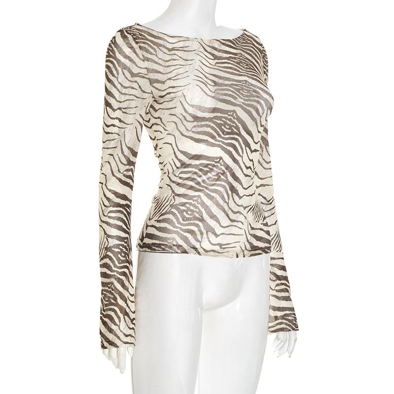 Zebra Printed Mesh Sheer Sexy Shirts & Blouses Long Sleeve Tops Fashion 2025 Fall Clothes for Woman