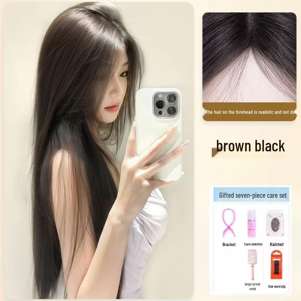 

Довга чорна пряма синтетична перука, безшовний проділ посередині - Легка та натуральна на вигляд, повністю покриває голову для жінок