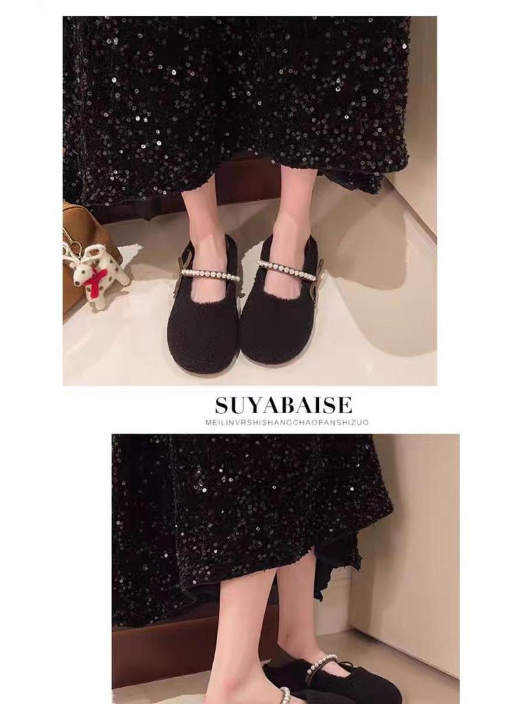 Korean Style Pearl Bow Faux Fur Loafers for Women - Autumn 2025